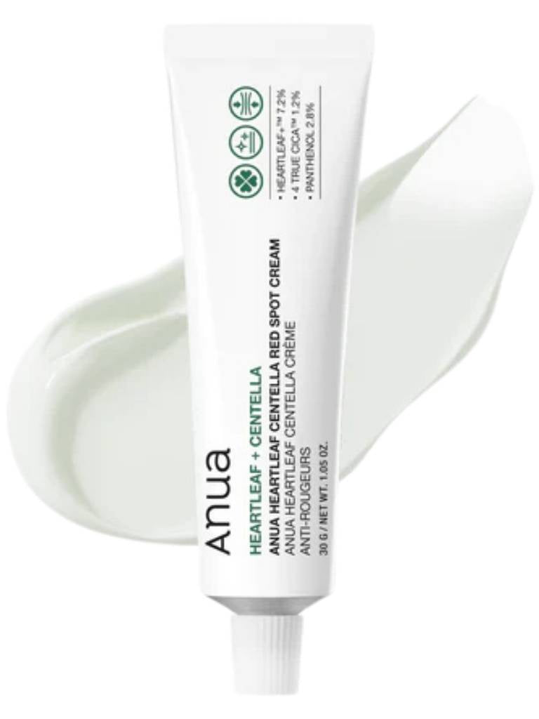 Tube of ANUA heartleaf and centella red spot cream on a white background