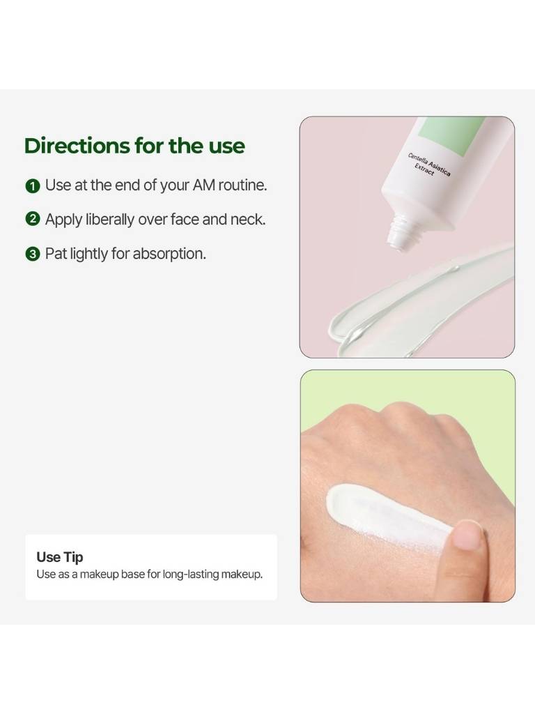 Product usage instructions with a bottle and application on skin.