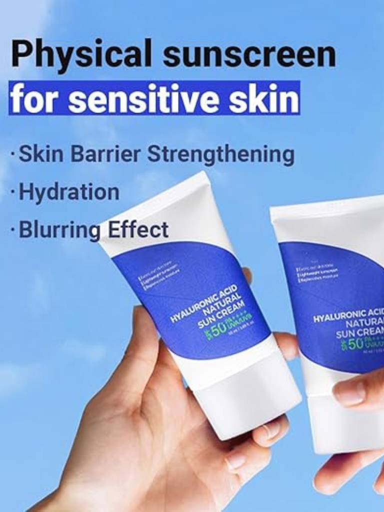 Two tubes of physical sunscreen for sensitive skin held against a blue background with text highlighting benefits.