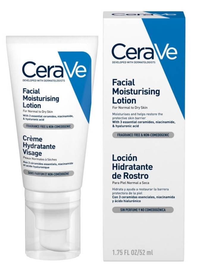 CeraVe facial moisturizing lotion tube and packaging on a white background