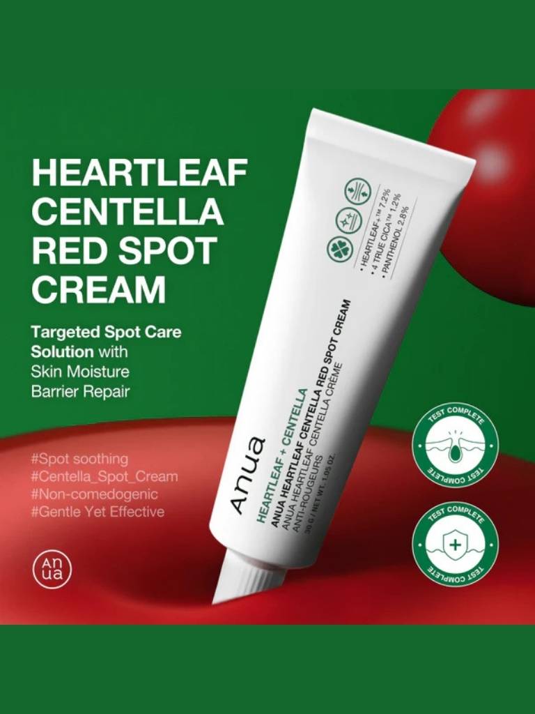Heartleaf Centella Red Spot Cream tube with green and red background