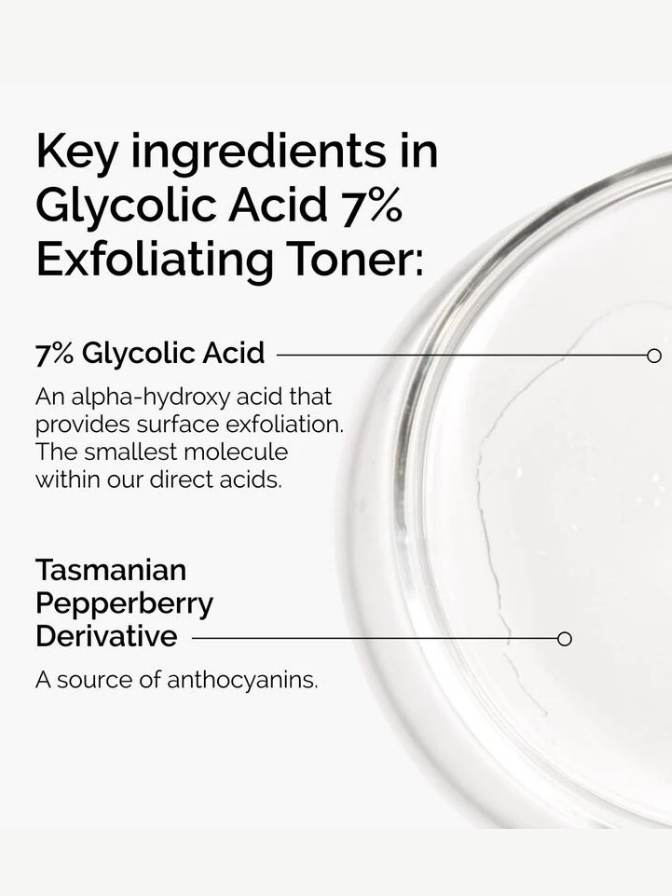 Glycolic Acid 7% Exfoliating Toner with labeled ingredients on a white background