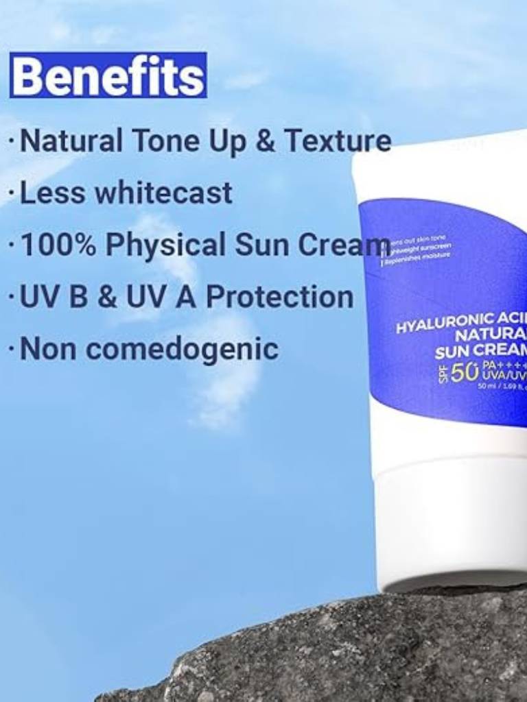 Sun cream tube with benefits listed on a blue sky background