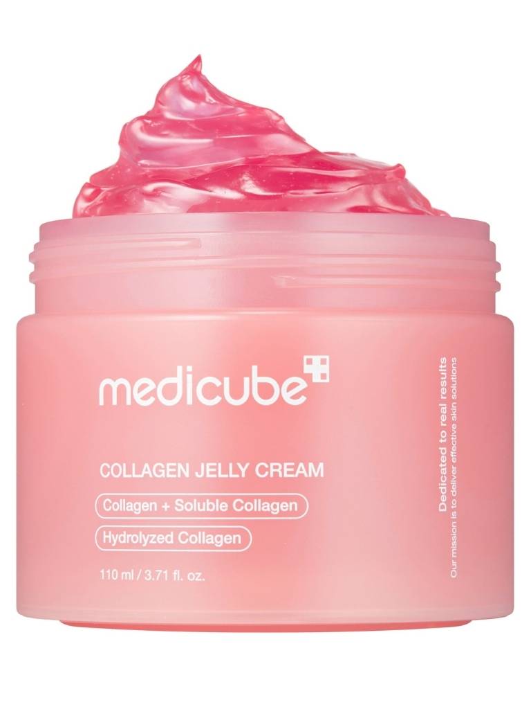 Pink jar of Medicube Collagen Jelly Cream with pink cream on top against a white background