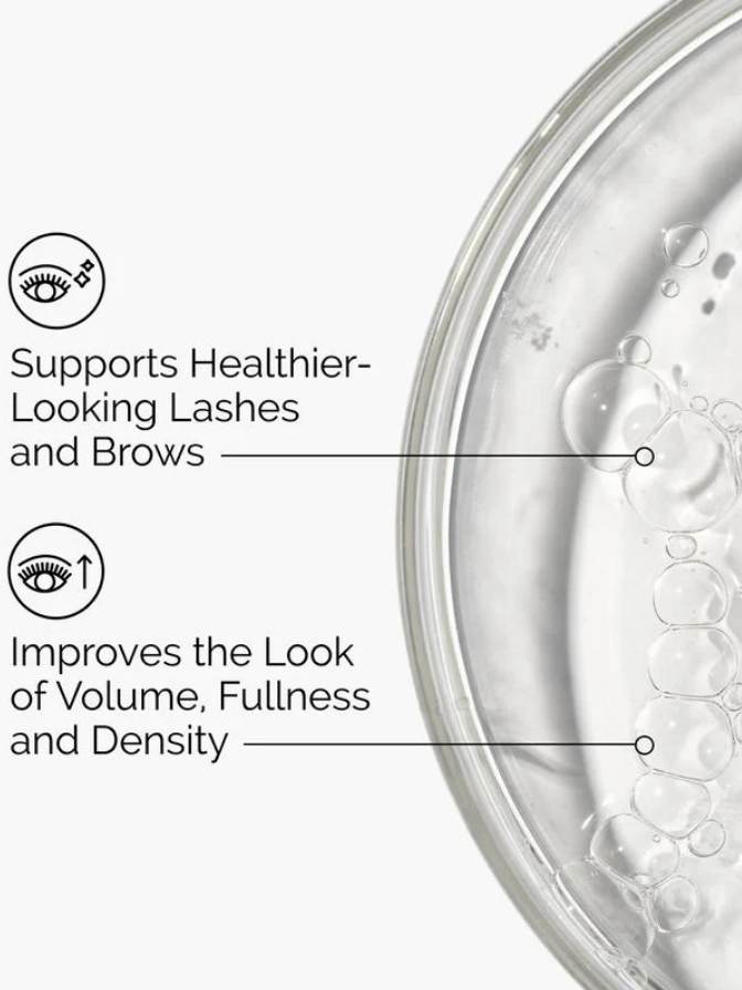 Close-up of a product container with text highlighting benefits for lashes and brows.