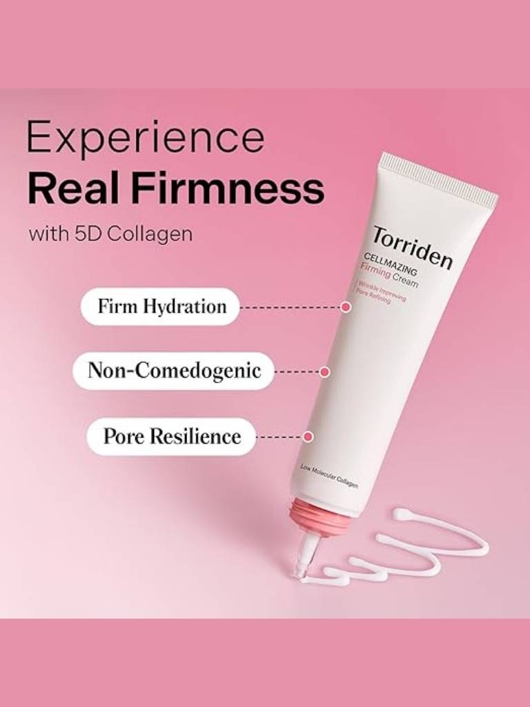 Torriden cream tube with text on a pink background