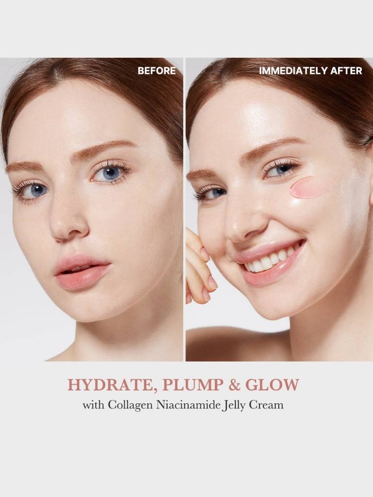 Before and after comparison of a woman's face with skincare product application, featuring text 'Hydrate, Plump & Glow' and 'Collagen Niacinamide Jelly Cream'.