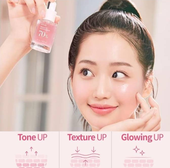 Woman applying skincare product with text indicating 'Tone UP', 'Texture UP', and 'Glowing UP'.