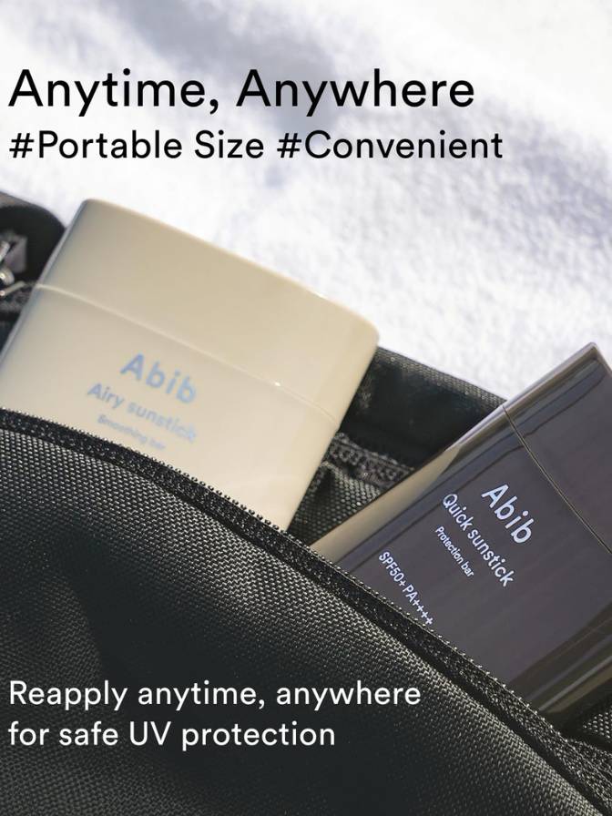 Abib sunstick and compact in a black case with text about portability and convenience.
