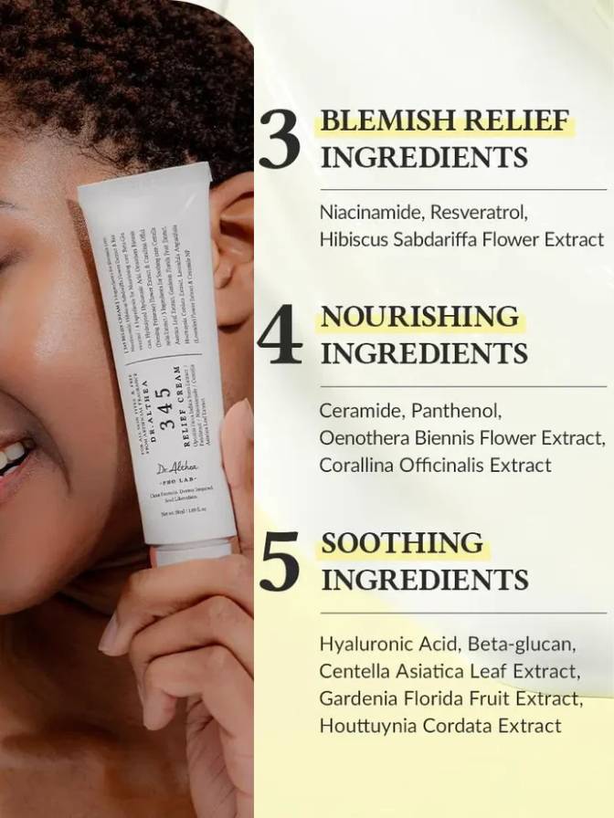Product with blemish relief, nourishing, and soothing ingredients listed on a white background.