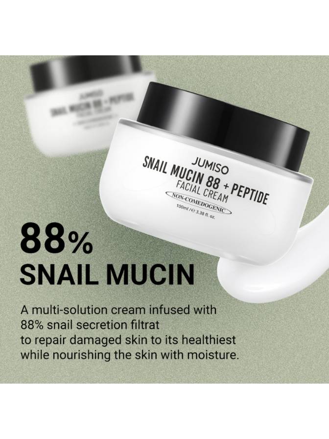 Jumiso Snail Mucin 98+ Peptide Facial Cream jar on a light green background