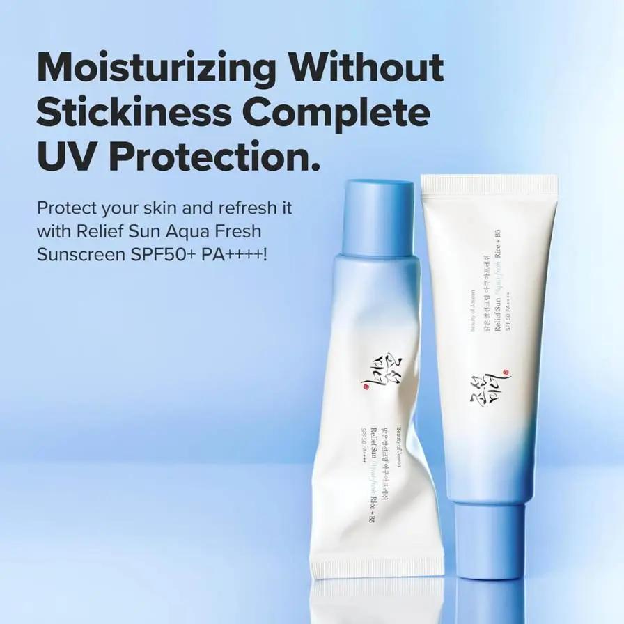 Two sunscreen products with text highlighting moisturizing and UV protection on a light blue background.