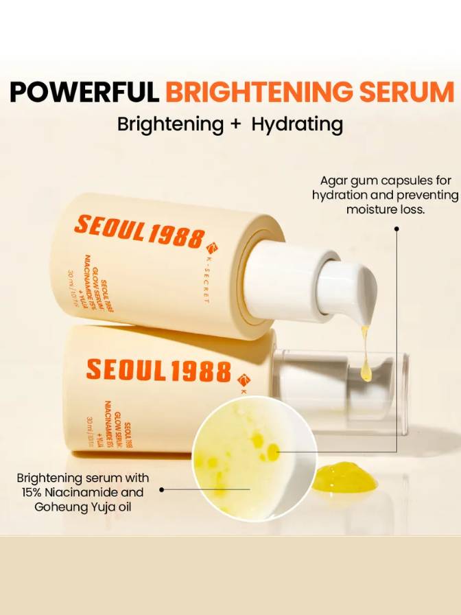 Seoul 1988 brightening serum with text detailing its ingredients and benefits.