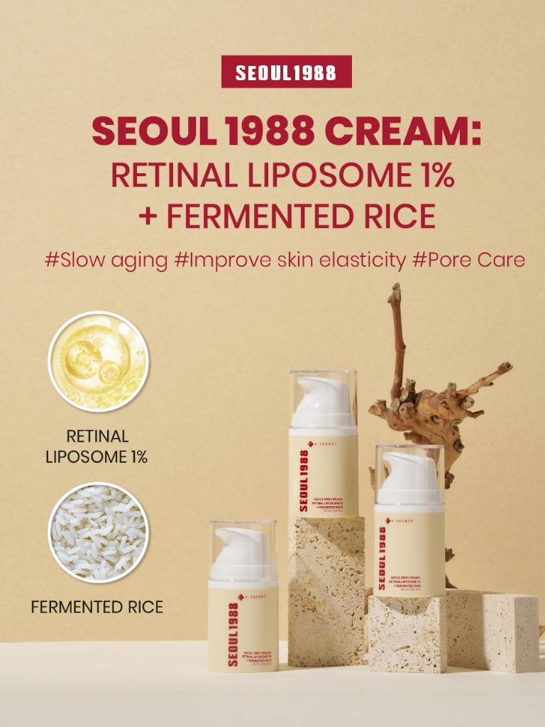 Seoul 1988 cream packaging with retinal liposome and fermented rice on a beige background