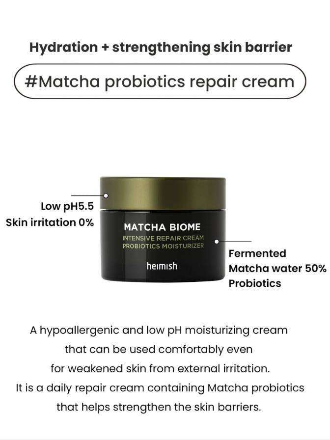 Heimish Matcha Biome intensive repair cream with product details on a white background