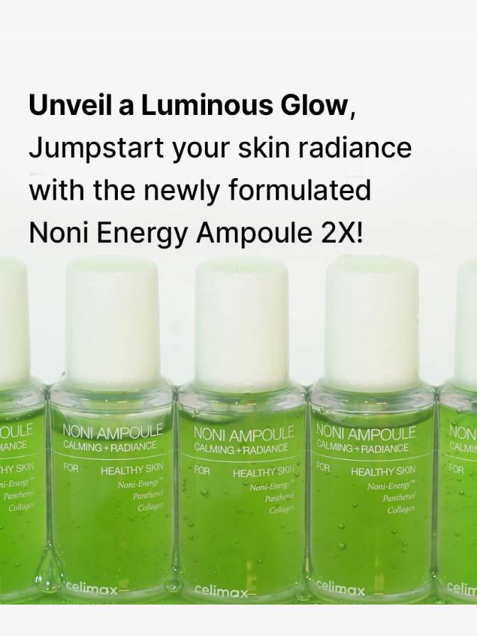 Green ampoule bottles with text promoting Noni Energy Ampoule 2X on a white background