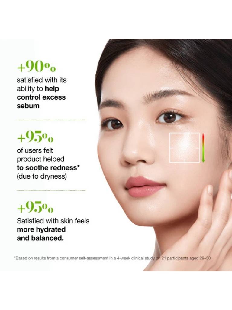 Advertisement featuring a woman's face with skincare benefits highlighted on a white background