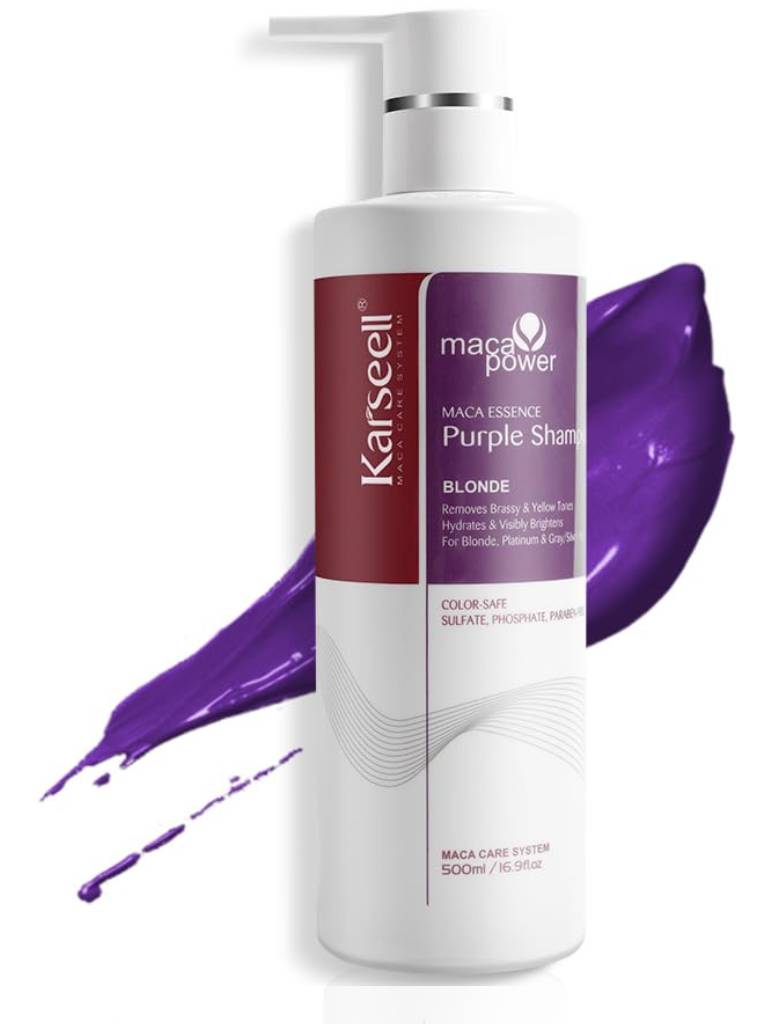 Karseell purple shampoo bottle with a white pump on a white background