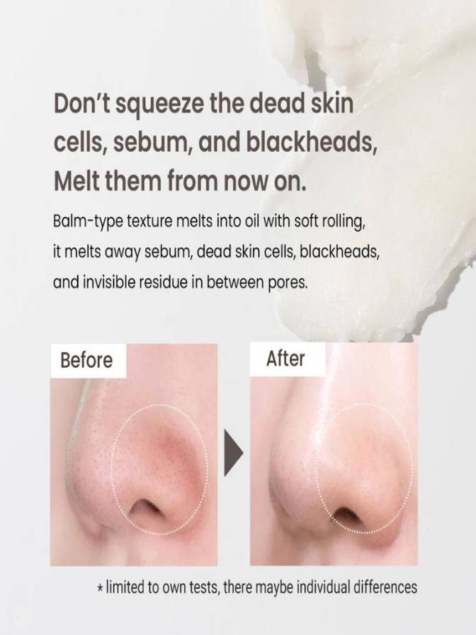 Product advertisement showing before and after effects on skin with text about product use.