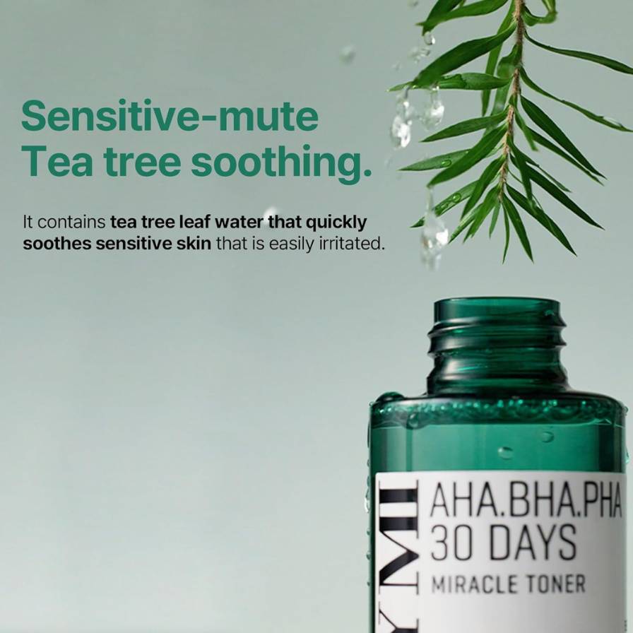 Bottle of AHA.BHA.PHA 30 Days Miracle Toner with tea tree leaf on a light green background