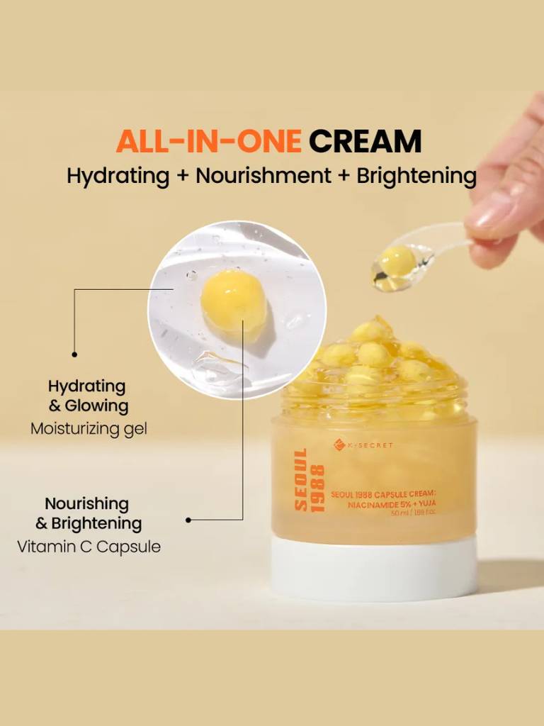 All-in-one cream jar with dropper and text highlighting hydrating, nourishing, and brightening properties on a beige background.