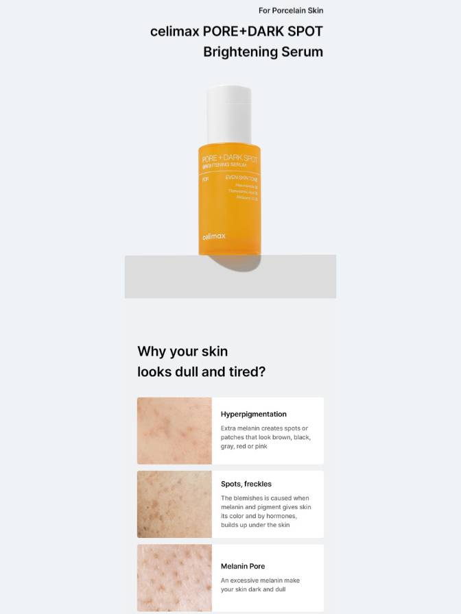 Celimax PORE + DARK SPOT Brightening Serum bottle on a white background with text and skin condition information.