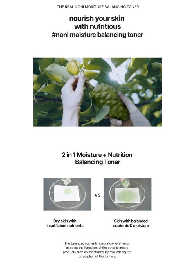 Advertisement for noni moisture balancing toner with a hand picking a noni fruit and text about the product's benefits.