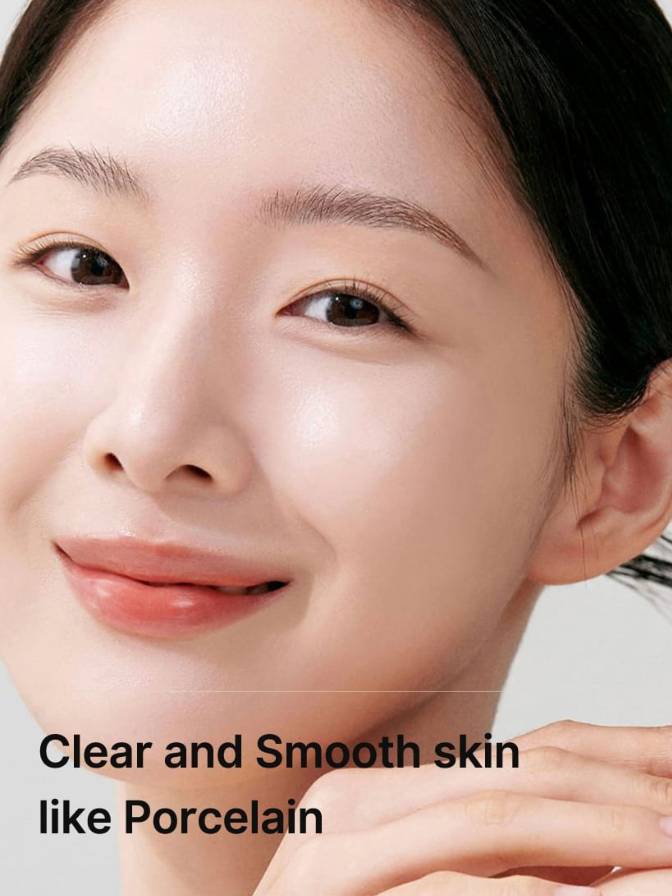 Close-up of a person's face with smooth skin, text 'Clear and Smooth skin like Porcelain'.