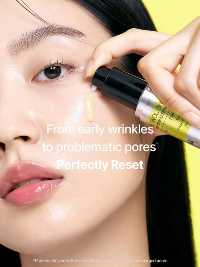 Person applying skincare product to face with text about skincare benefits