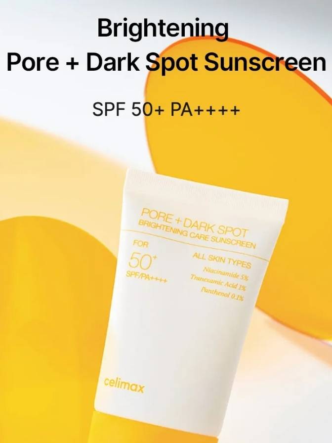 Sunscreen tube with 'Brightening Pore + Dark Spot Sunscreen' text on a yellow background