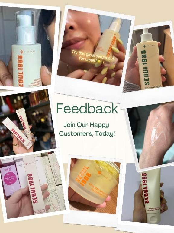 Collage of people using skincare products with promotional text for feedback.