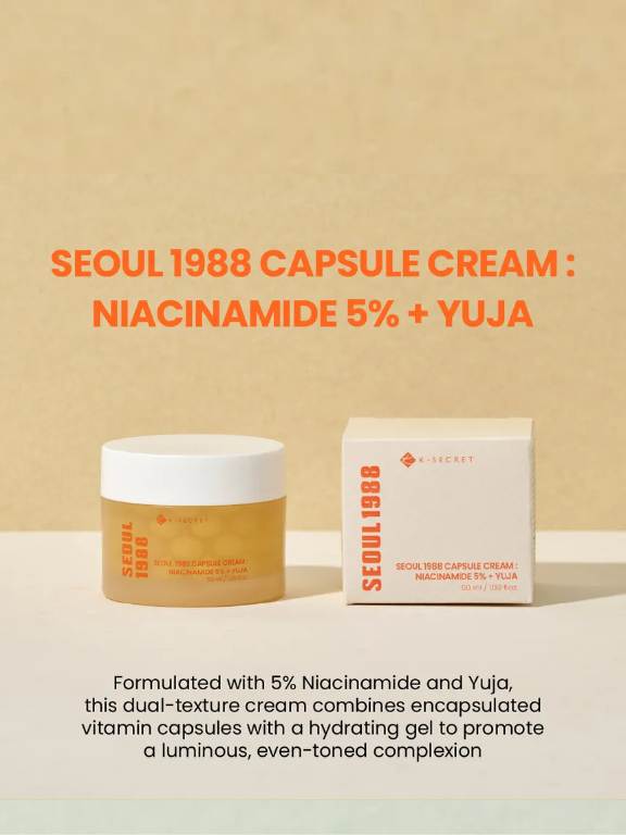 Seoul 1988 capsule cream with packaging on a beige background