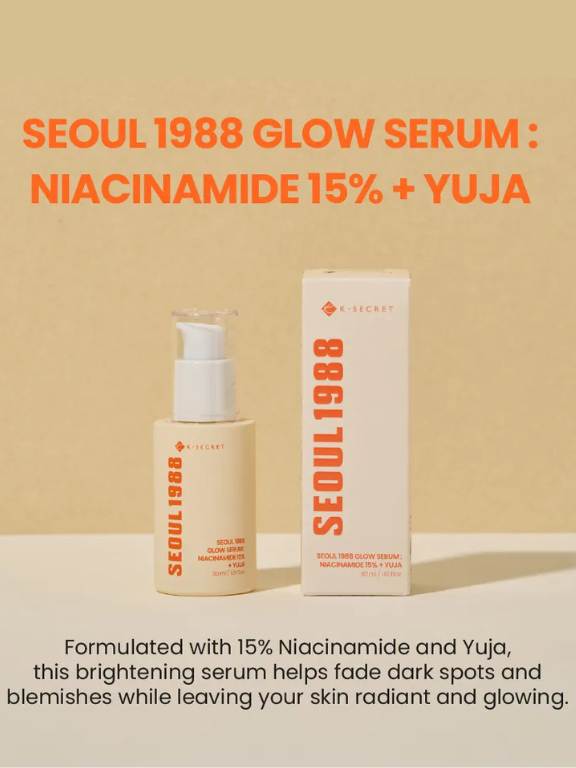 Seoul 1988 Glow Serum bottle and packaging on a beige background