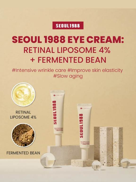 Advertisement for Seoul 1988 eye cream with retinal liposome 4% and fermented bean on a beige background.