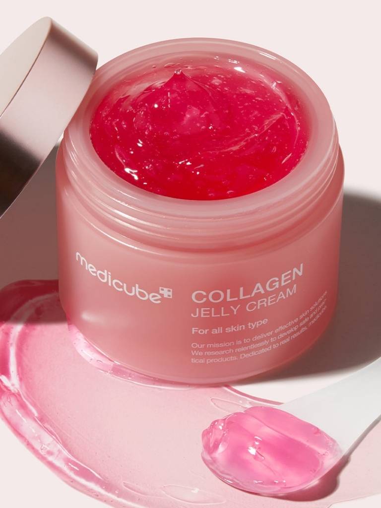 Pink jar of Medicube Collagen Jelly Cream on a white background