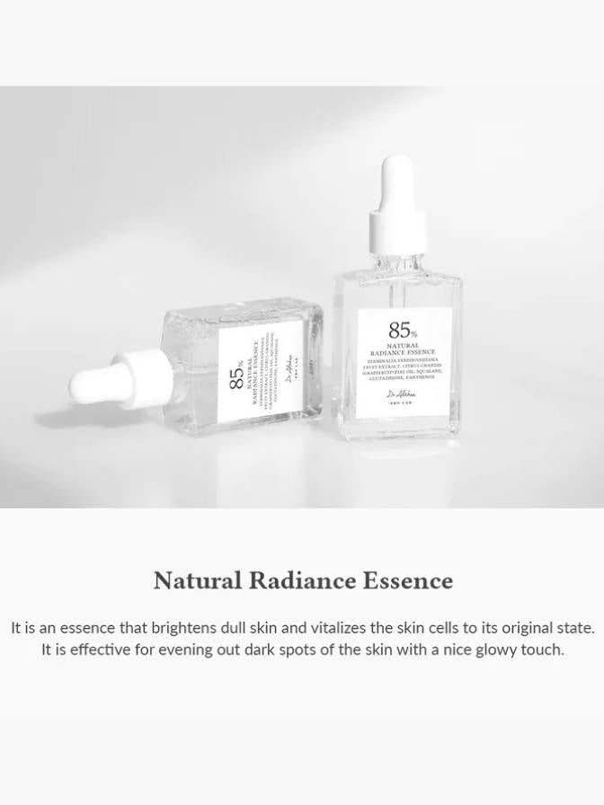 Two bottles of '85% Natural Radiance Essence' on a light gray background with product description text.