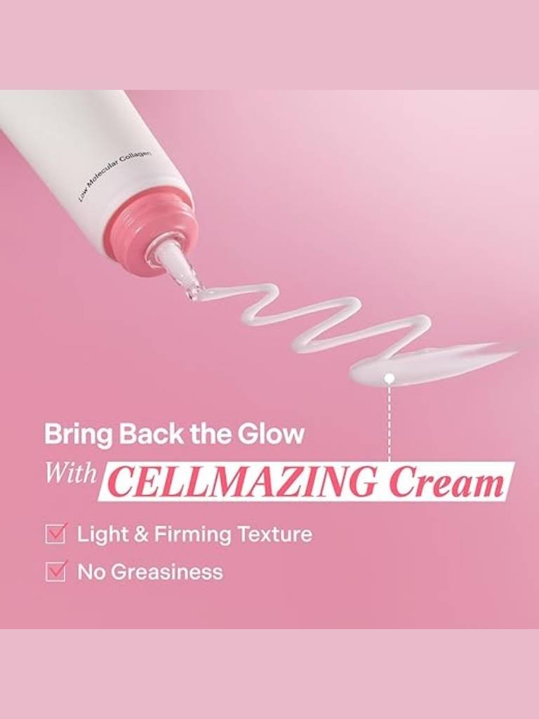Cellmazing cream tube with pink background and text highlighting features.
