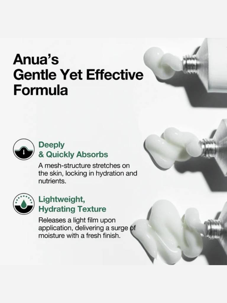 Product packaging with text highlighting 'Anua's Gentle Yet Effective Formula' on a white background.