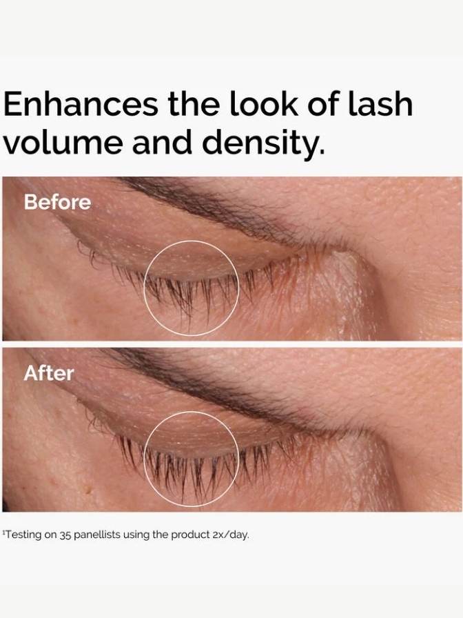 Before and after comparison of eyelashes with text indicating product effect on volume and density.