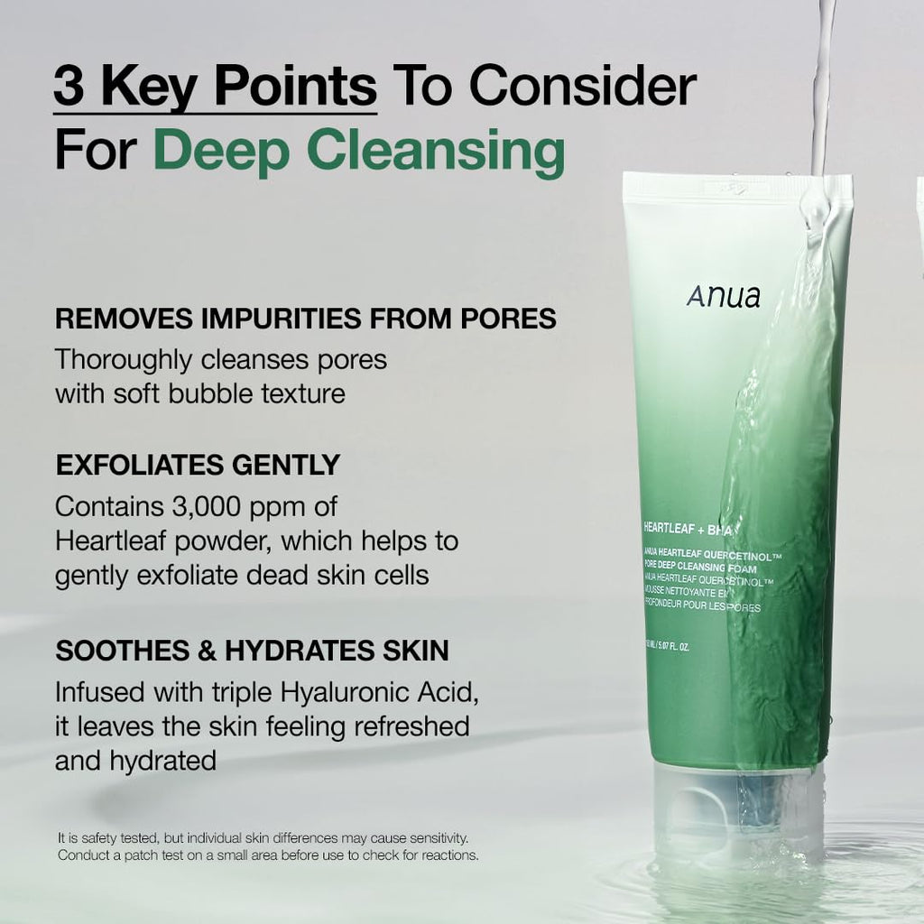 Green skincare product with text about deep cleansing on a gray background