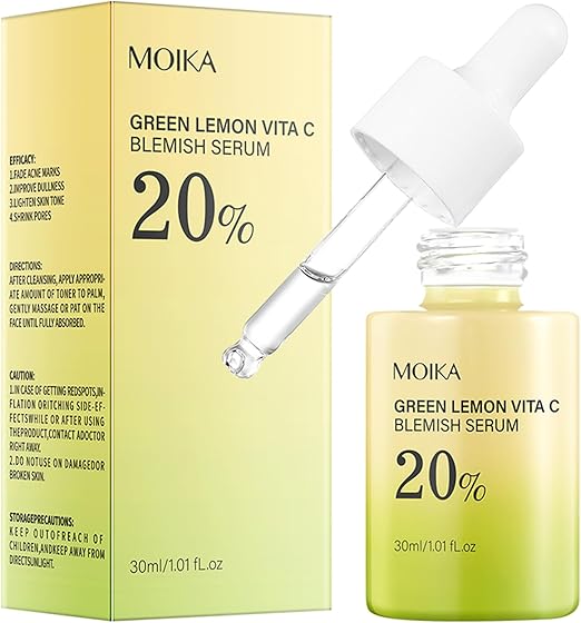Moika Green Lemon Vita C Blemish Serum with dropper and packaging on a white background