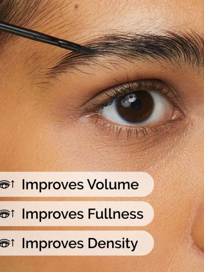Eyebrow grooming with a brush and text indicating improvements in volume, fullness, and density.