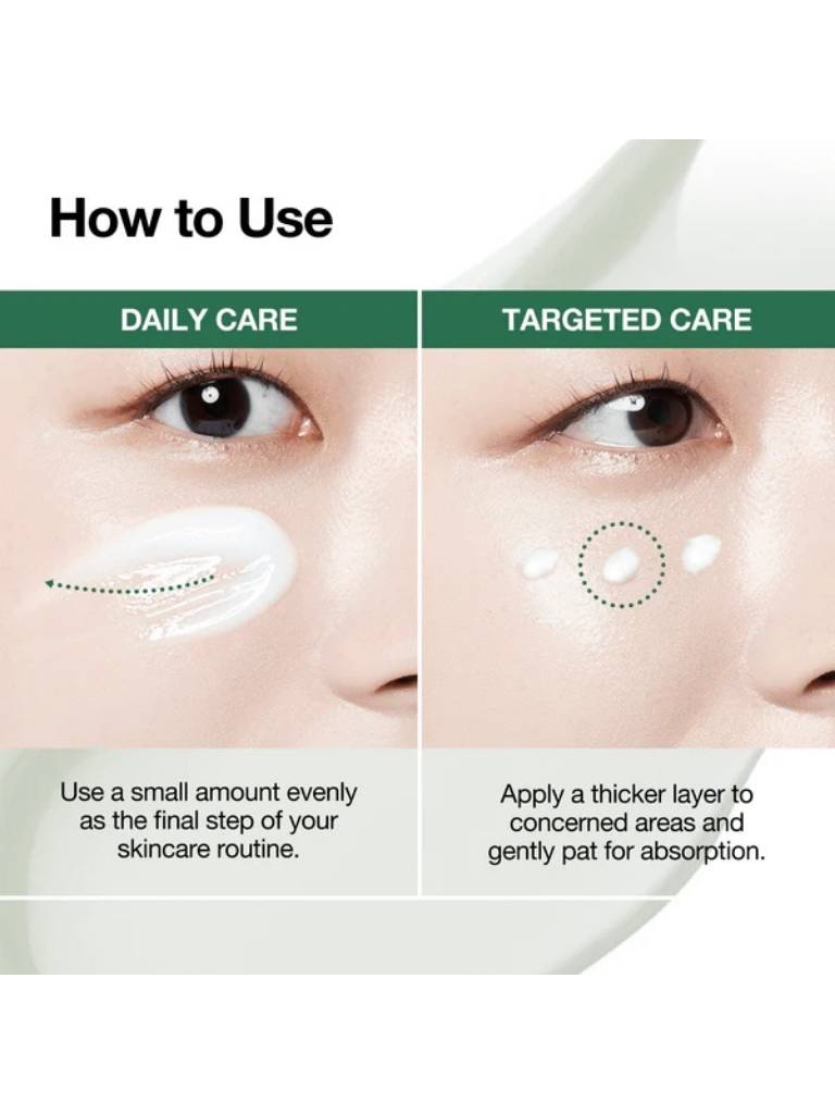 Instructions on how to use a skincare product with close-up images of eyes and application methods.