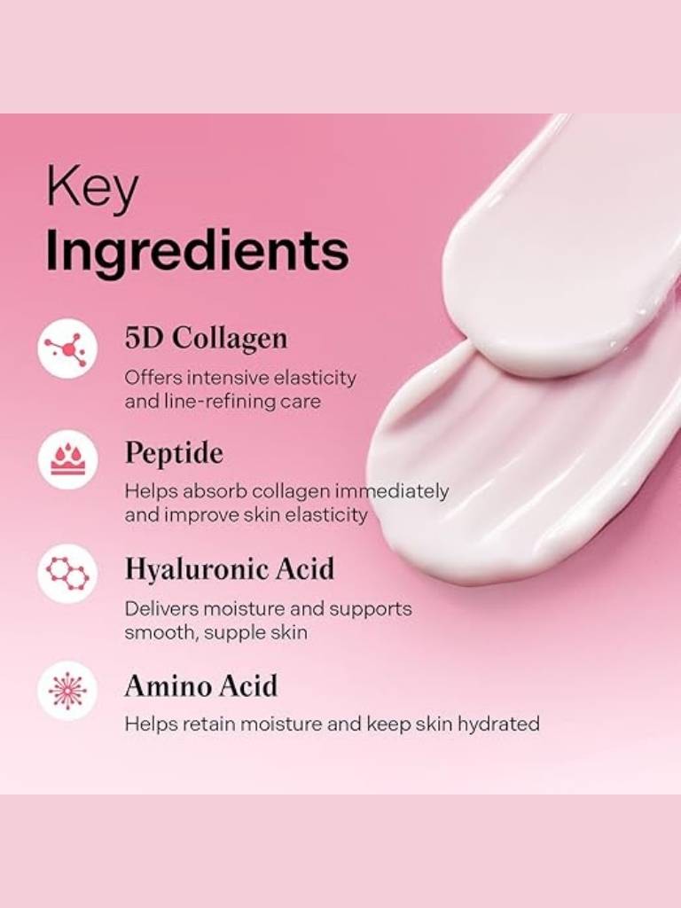 Key ingredients of a skincare product on a pink background with visible texture.