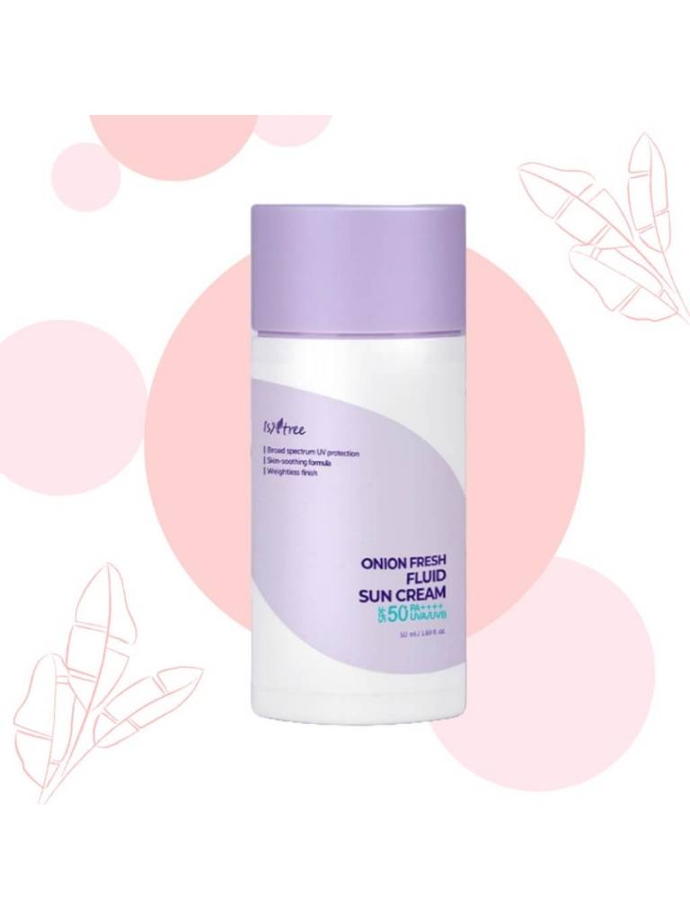 Sun cream bottle with purple and white design on a light pink background