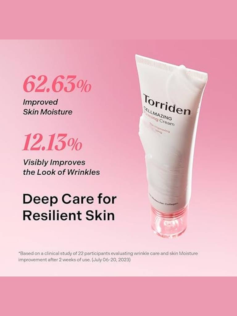 Torriden skincare cream tube with moisture and wrinkle improvement claims on a pink background