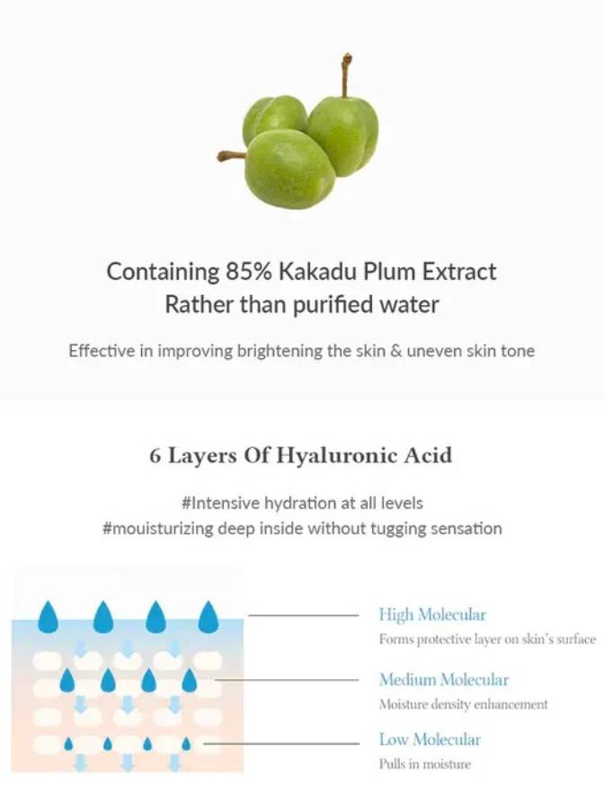 Product description with Kakadu Plum Extract and hyaluronic acid layers on a white background