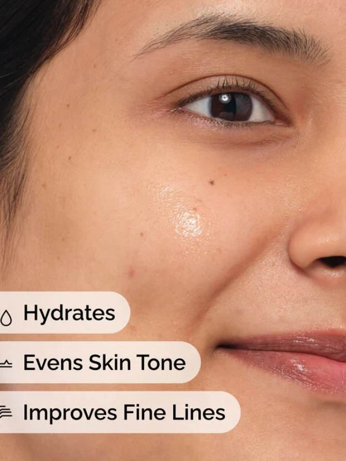 Close-up of a person's face with text highlighting skincare benefits