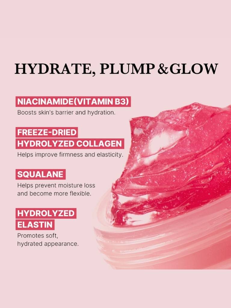 Product packaging with text on hydrating, plumping, and glowing skin ingredients on a pink background.