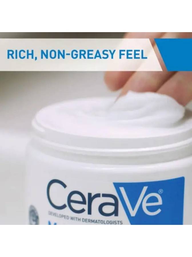 CeraVe cream jar with hand holding a white cream, labeled 'Rich, Non-Greasy Feel'.